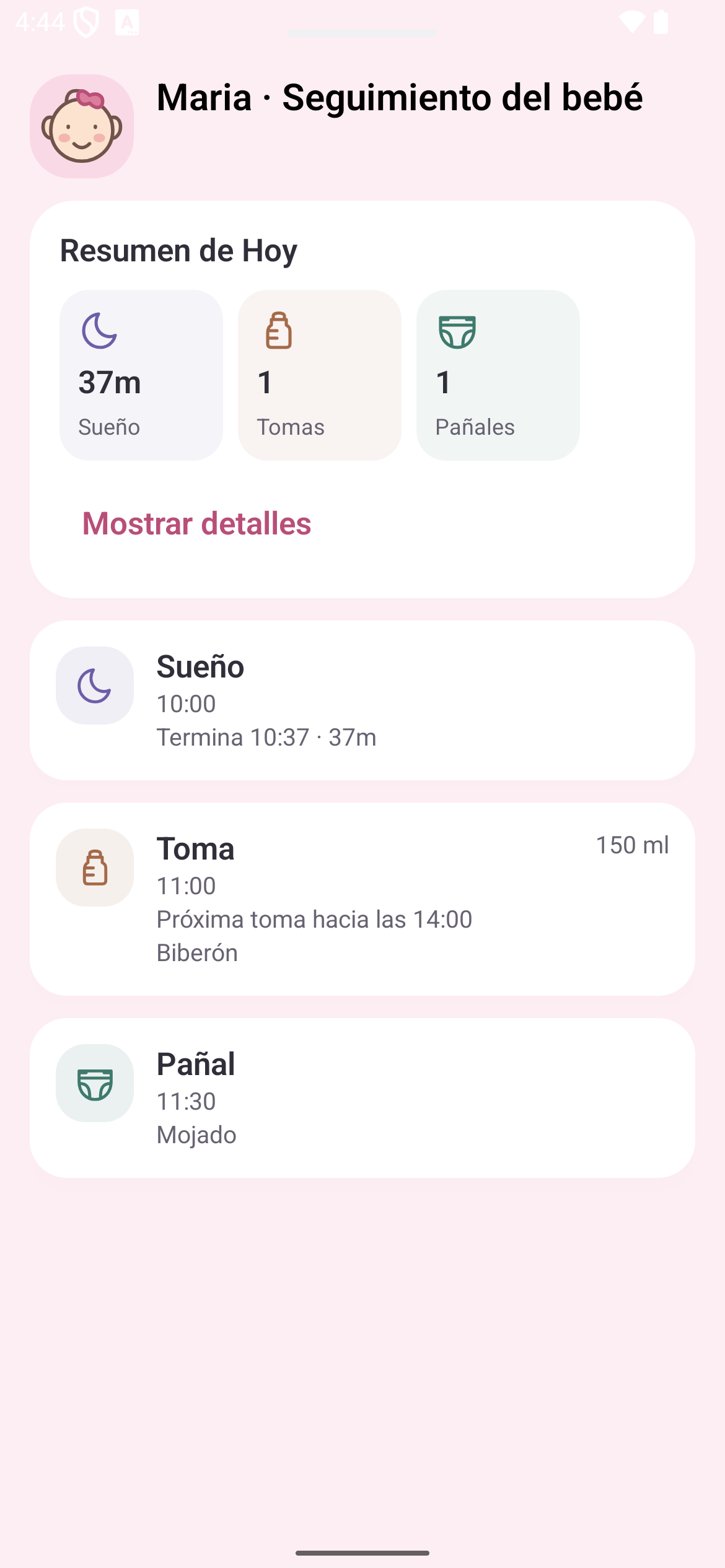 Registro del bebé: resumen de sueño, tomas y pañales con cronología diaria